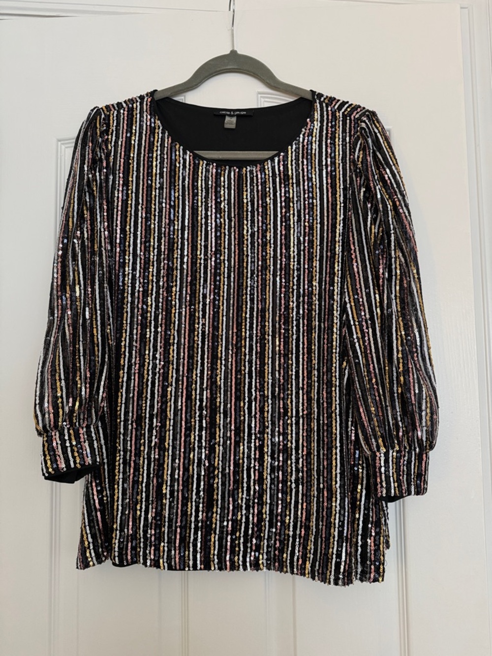 Cable & Gauge Black Sequin Top with Metallic Multi-Stripe